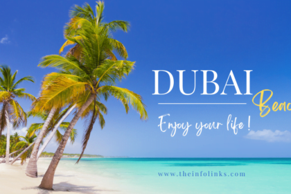 Enjoy the crystal clear waters and pristine sands of Dubai's beautiful beaches. This image shows a stunning view of the beach with turquoise blue water