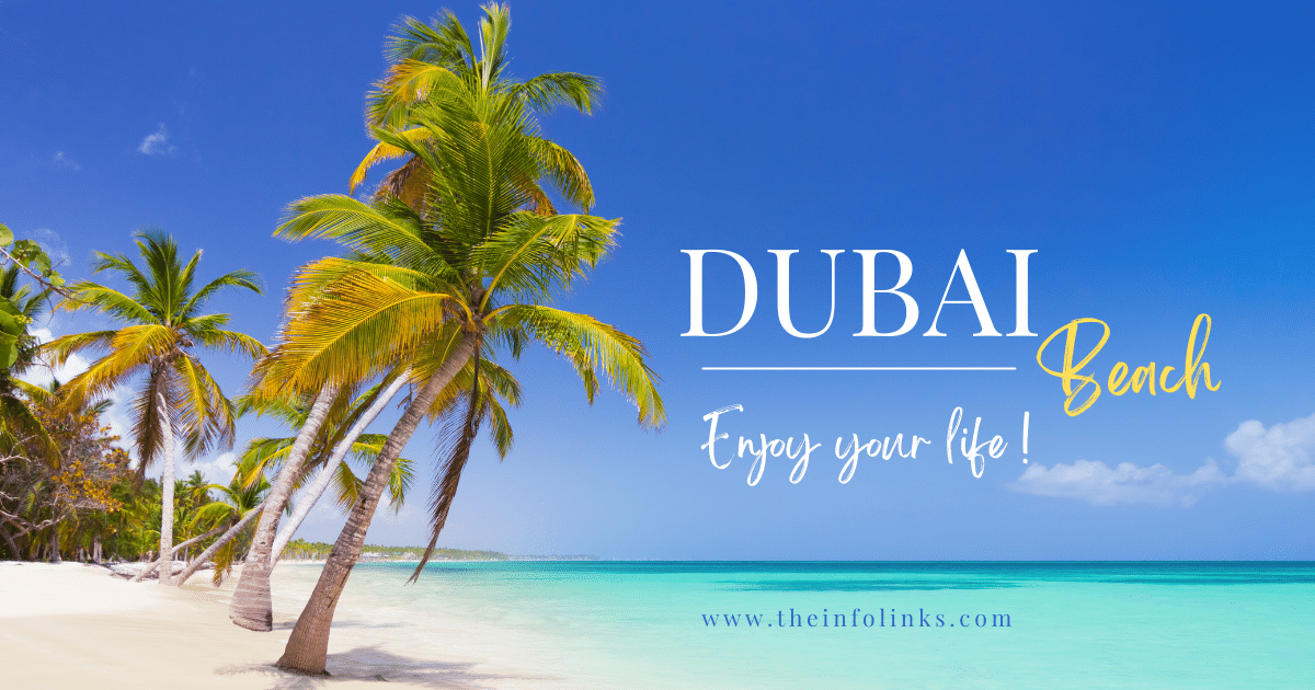 Enjoy the crystal clear waters and pristine sands of Dubai's beautiful beaches. This image shows a stunning view of the beach with turquoise blue water